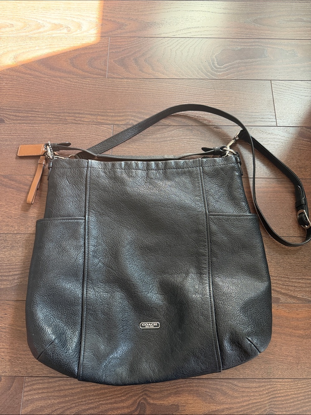Vintage Coach Full Grain Black Leather Crossbody Hobo Bag